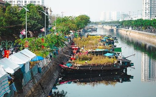 春节, Tet市场, 西贡, 花船, 河, 越南